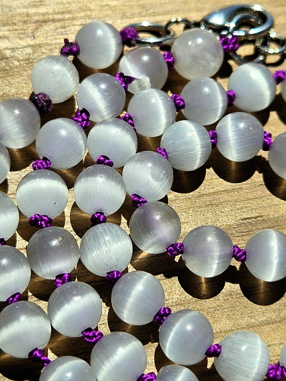 Selenite Cat Eye Gemstone Choker Silk Knotted